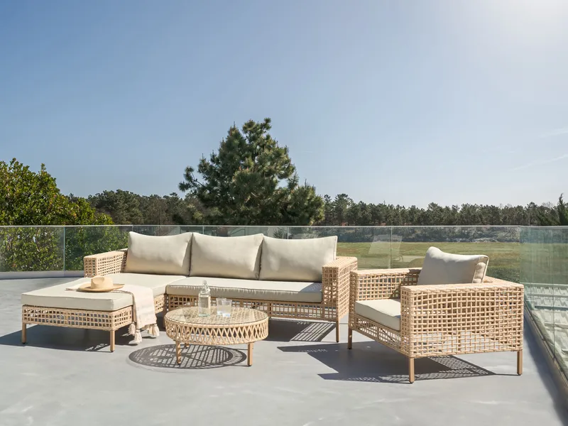 Sofagruppe utendørs med bord 4-seter Calasetta høyrevendt kunstrotting - Beige - Hagemøbler & utemiljø - Hagegruppe - Sofagruppe utendørs