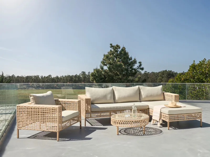 Sofagruppe utendørs med bord 4-seter Calasetta venstrevendt kunstrotting - Beige - Hagemøbler & utemiljø - Hagegruppe - Sofagruppe utendørs