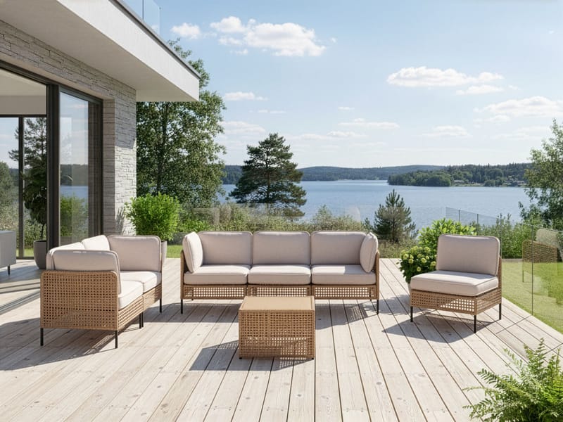 Sofagruppe utendørs med bord 6-seter Omegana modulær kunstrotting - Beige/svart - Hagemøbler & utemiljø - Hagegruppe - Sofagruppe utendørs