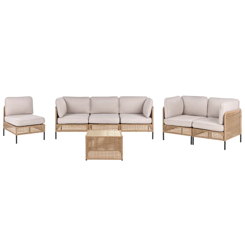Sofagruppe utendørs med bord 6-seter Omegana modulær kunstrotting, Beige/svart