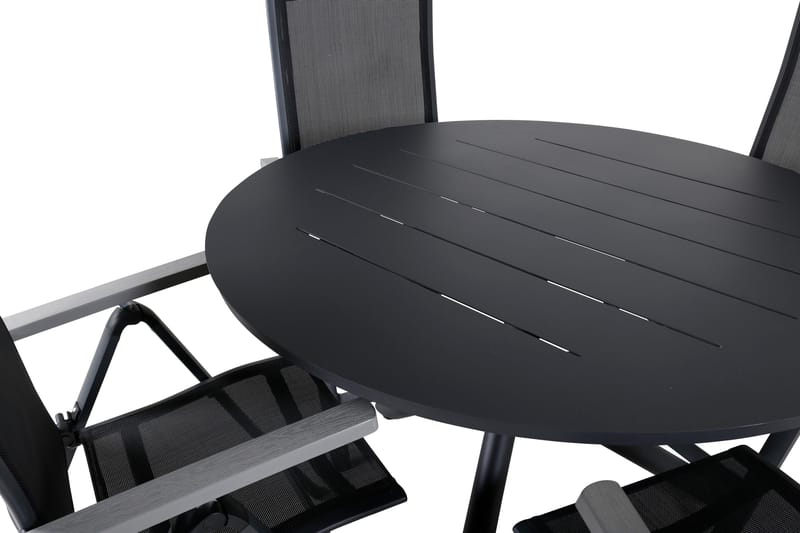 Spisegruppe for utendørsbruk Alma spisebord – svart alu – ø120 cm + Albany Light 5-pos – svart / svart textilene og grå teak_4 Svart/grå - Hagemøbler & utemiljø - Hagegruppe - Spisegrupper hage
