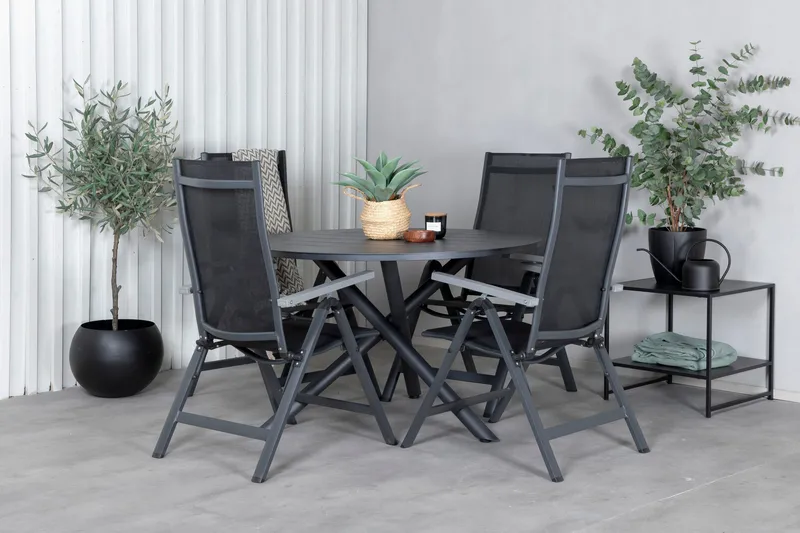 Spisegruppe for utendørsbruk Alma spisebord – svart alu – ø120 cm + Albany Light 5-pos – svart / svart textilene og grå teak_4 Svart/grå - Hagemøbler & utemiljø - Hagegruppe - Spisegrupper hage