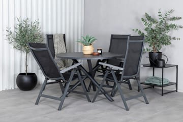 Spisegruppe for utendørsbruk Alma spisebord – svart alu – ø120 cm + Albany Light 5-pos – svart / svart textilene og grå teak_4 Svart/grå - Hagemøbler & utemiljø - Hagegruppe - Spisegrupper hage