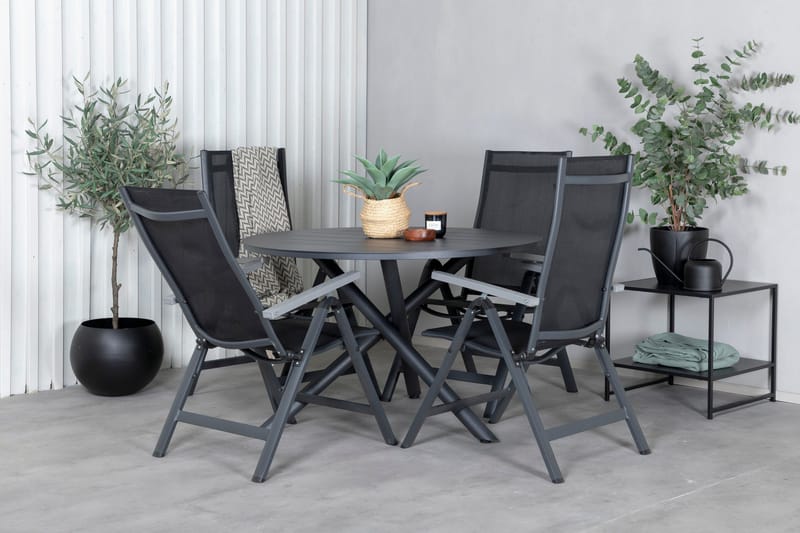 Spisegruppe for utendørsbruk Alma spisebord – svart alu – ø120 cm + Albany Light 5-pos – svart / svart textilene og grå teak_4 Svart/grå - Hagemøbler & utemiljø - Hagegruppe - Spisegrupper hage