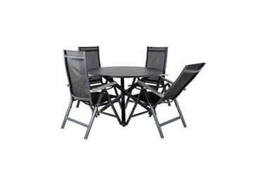 Spisegruppe for utendørsbruk Alma spisebord – svart alu – ø120 cm + Albany Light 5-pos – svart / svart textilene og grå teak_4 Svart/grå - Hagemøbler & utemiljø - Hagegruppe - Spisegrupper hage