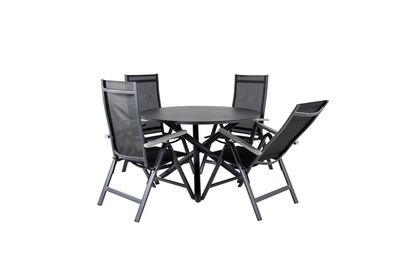 Spisegruppe for utendørsbruk Alma spisebord – svart alu – ø120 cm + Albany Light 5-pos – svart / svart textilene og grå teak_4 Svart/grå - Hagemøbler & utemiljø - Hagegruppe - Spisegrupper hage