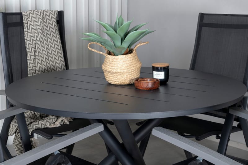 Spisegruppe for utendørsbruk Alma spisebord – svart alu – ø120 cm + Albany Light 5-pos – svart / svart textilene og grå teak_4 Svart/grå - Hagemøbler & utemiljø - Hagegruppe - Spisegrupper hage
