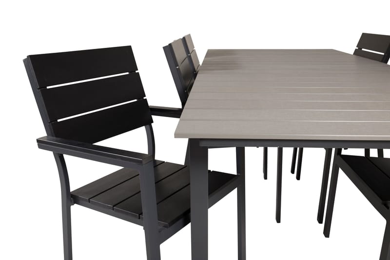 Spisegruppe for utendørsbruk Levels bord 229/310 – svart/grå – Levels stol (stapelbar) – svart alu / svart Aintwood 6 Svart/grå - Hagemøbler & utemiljø - Hagegruppe - Spisegrupper hage