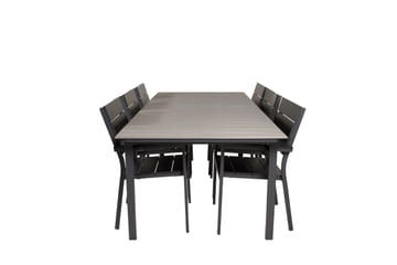 Spisegruppe for utendørsbruk Levels bord 229/310 – svart/grå – Levels stol (stapelbar) – svart alu / svart Aintwood 6 Svart/grå - Hagemøbler & utemiljø - Hagegruppe - Spisegrupper hage
