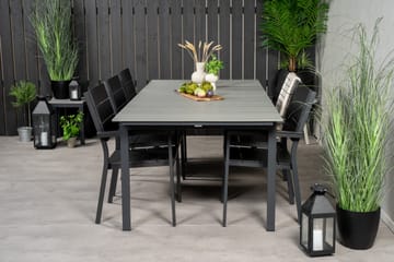 Spisegruppe for utendørsbruk Levels bord 229/310 – svart/grå – Levels stol (stapelbar) – svart alu / svart Aintwood 6 Svart/grå - Hagemøbler & utemiljø - Hagegruppe - Spisegrupper hage