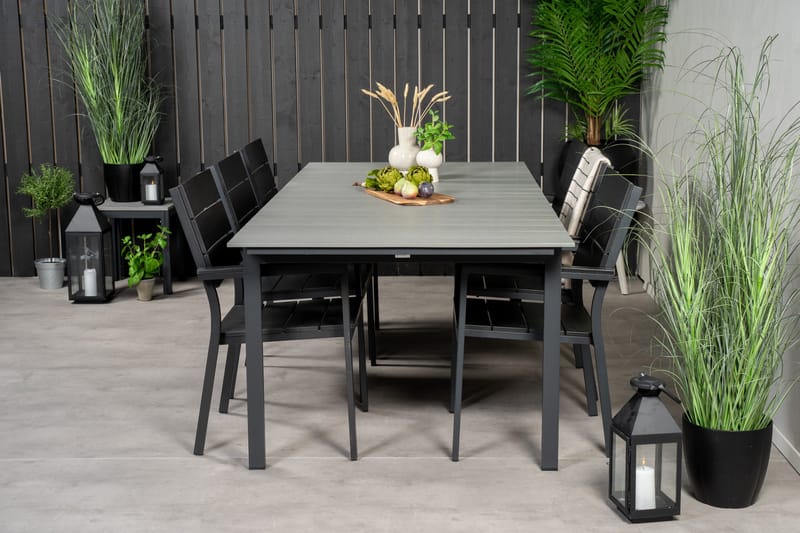 Spisegruppe for utendørsbruk Levels bord 229/310 – svart/grå – Levels stol (stapelbar) – svart alu / svart Aintwood 6 Svart/grå - Hagemøbler & utemiljø - Hagegruppe - Spisegrupper hage