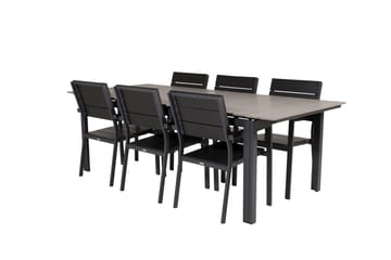 Spisegruppe for utendørsbruk Levels bord 229/310 – svart/grå – Levels stol (stapelbar) – svart alu / svart Aintwood 6 Svart/grå - Hagemøbler & utemiljø - Hagegruppe - Spisegrupper hage