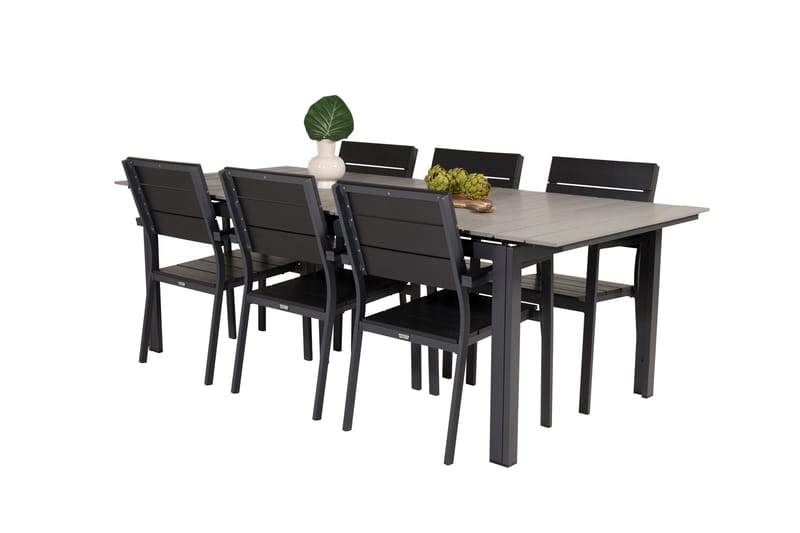 Spisegruppe for utendørsbruk Levels bord 229/310 – svart/grå – Levels stol (stapelbar) – svart alu / svart Aintwood 6 Svart/grå - Hagemøbler & utemiljø - Hagegruppe - Spisegrupper hage