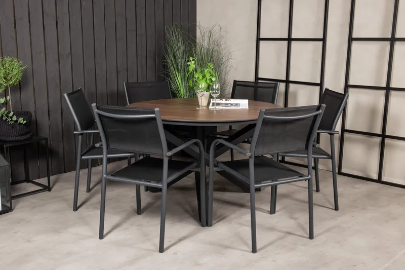 Spisegruppe Llama Rund Ø140cm+6 Santorini Karmstoler Svart/b - Venture Home - Hagemøbler & utemiljø - Hagegruppe - Spisegrupper hage