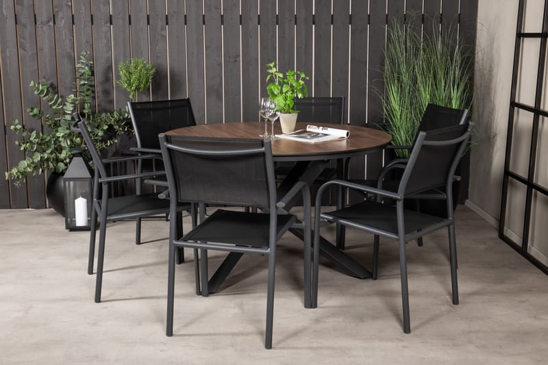 Spisegruppe Llama Rund Ø140cm+6 Santorini Karmstoler Svart/b - Venture Home - Hagemøbler & utemiljø - Hagegruppe - Spisegrupper hage