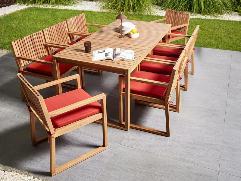 Spisegruppe utendørs 8-seter Sassari Premium med puter akasietre - Brun/Rød - Hagemøbler & utemiljø - Hagegruppe - Spisegrupper hage