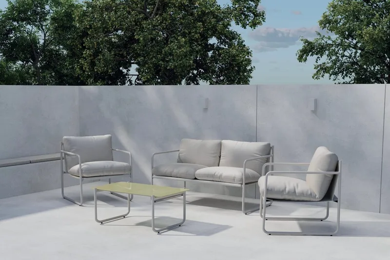 Thassos sofagruppe 2-seters sofa + 2 lenestoler med bord utendørs, Beige