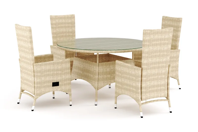 Thor utendørs rund spisegruppe 140 cm med 4 Jenny spisestoler, Beige