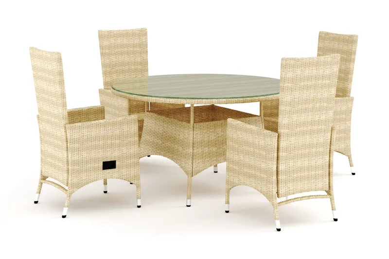 Thor utendørs rund spisegruppe 140 cm med 4 Jenny spisestoler, Beige