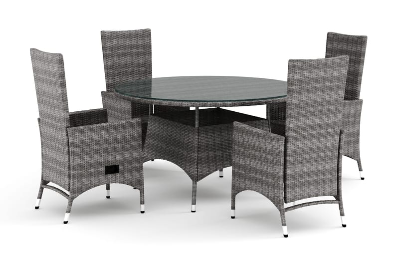 Thor utendørs rund spisegruppe 140 cm med 4 Jenny spisestoler, Grå