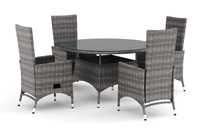Thor utendørs rund spisegruppe 140 cm med 4 Jenny spisestoler, Grå