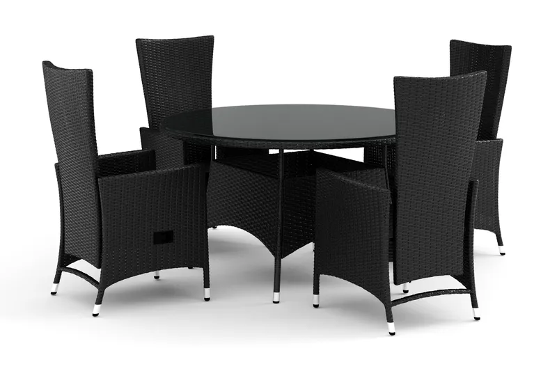 Thor utendørs rund spisegruppe 140 cm med 4 Jenny spisestoler, Svart