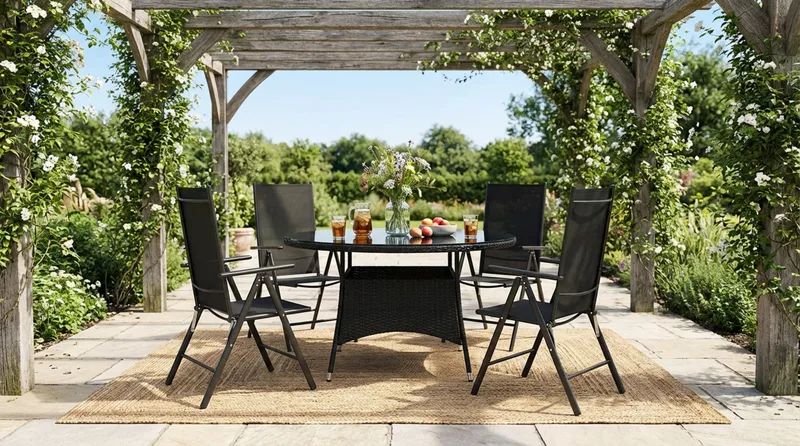Thor utendørs rund spisegruppe 140 cm med 4 Maggie regulerbare stoler - Svart - Hagemøbler & utemiljø - Hagegruppe - Spisegrupper hage