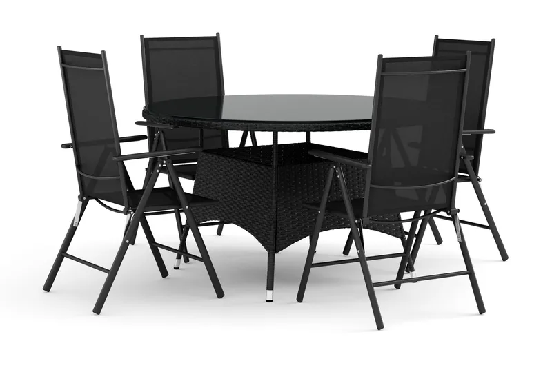 Thor utendørs rund spisegruppe 140 cm med 4 Maggie regulerbare stoler, Svart