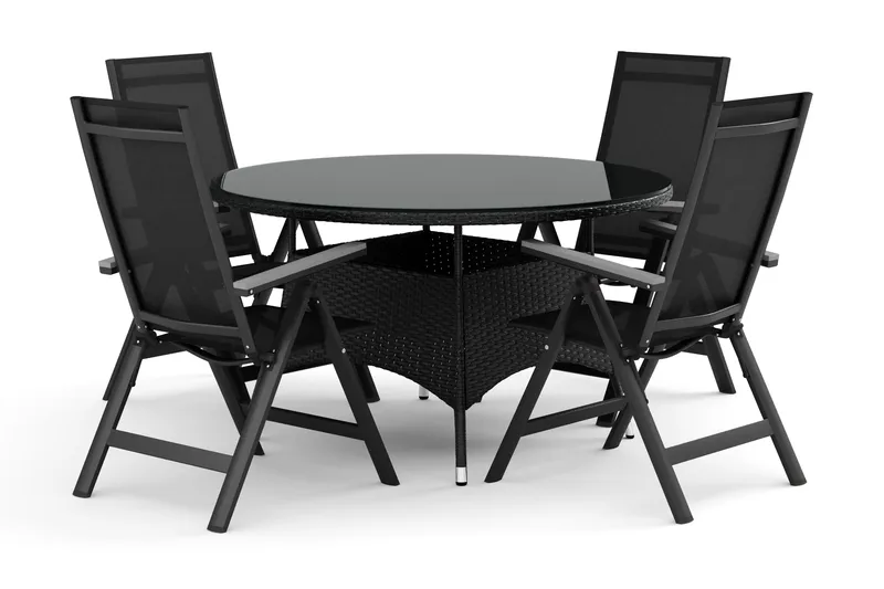 Thor utendørs rund spisegruppe 140 cm med 4 Monaco Light regulerbare stoler, Svart