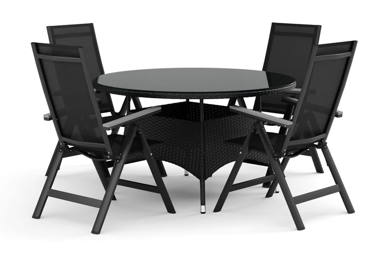 Thor utendørs rund spisegruppe 140 cm med 4 Monaco Light regulerbare stoler, Svart