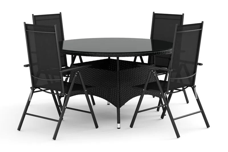 Thor utendørs rund spisegruppe 140 cm med 4 regulerbare stoler, Svart