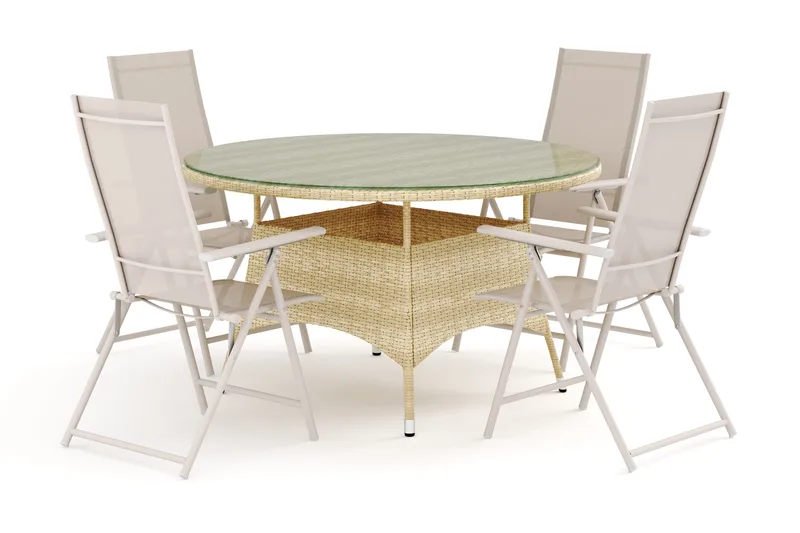 Thor utendørs rund spisegruppe 140 cm med 4 Sanna regulerbare stoler, Beige
