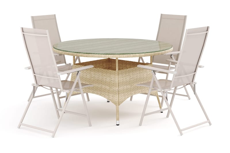 Thor utendørs rund spisegruppe 140 cm med 4 Sanna regulerbare stoler, Beige