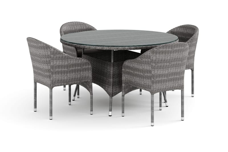 Thor utendørs rund spisegruppe 140 cm med 4 Thor lenestoler, Grå