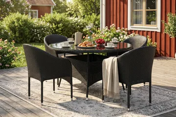 Thor utendørs rund spisegruppe 140 cm med 4 Thor lenestoler - Svart - Hagemøbler & utemiljø - Hagegruppe - Spisegrupper hage