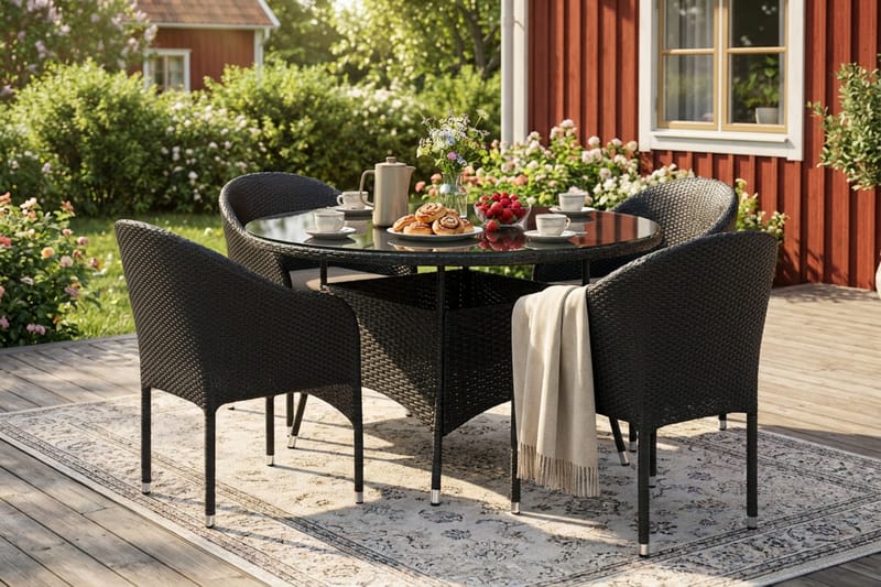 Thor utendørs rund spisegruppe 140 cm med 4 Thor lenestoler - Svart - Hagemøbler & utemiljø - Hagegruppe - Spisegrupper hage
