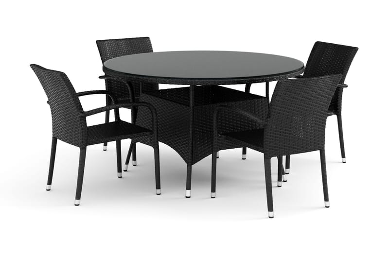 Thor utendørs rund spisegruppe 140 cm med 4 Thor Light utefåtøljer, Svart