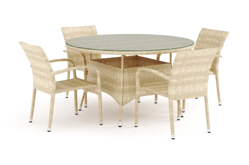 Thor utendørs rund spisegruppe 140 cm med 4 Thor Light utefåtöljer, Beige