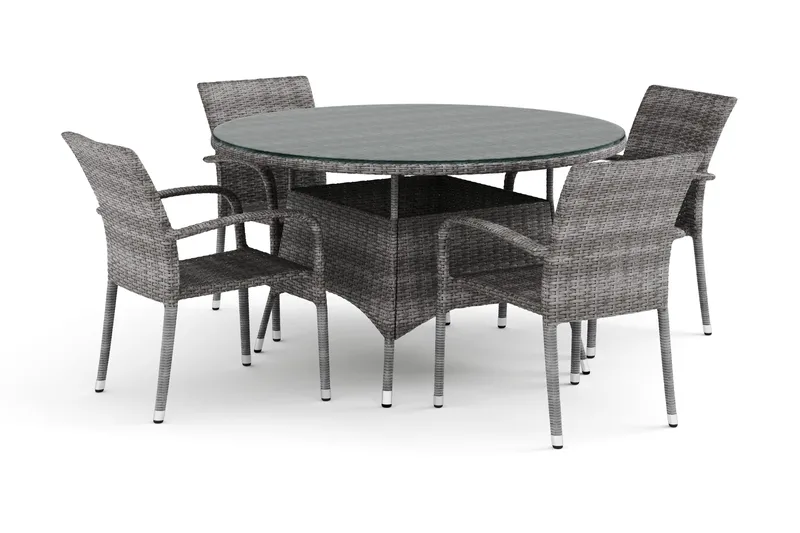 Thor utendørs rund spisegruppe 140 cm med 4 Thor Light utefåtöljer, Grå