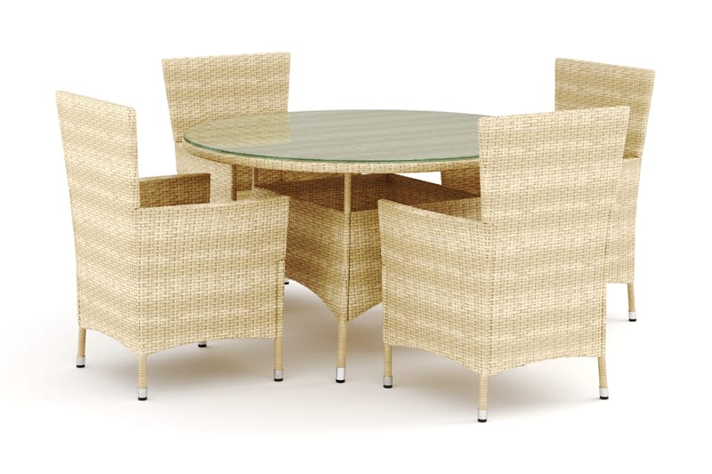 Thor utendørs rund spisegruppe 140 cm med 4 Thor utefåtøljer, Beige