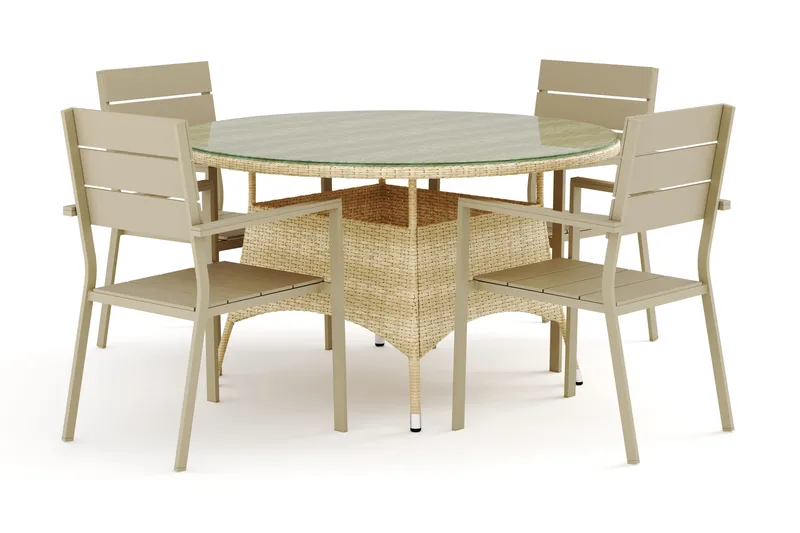 Thor utendørs rund spisegruppe 140 cm med 4 Tunis stablestoler, Beige