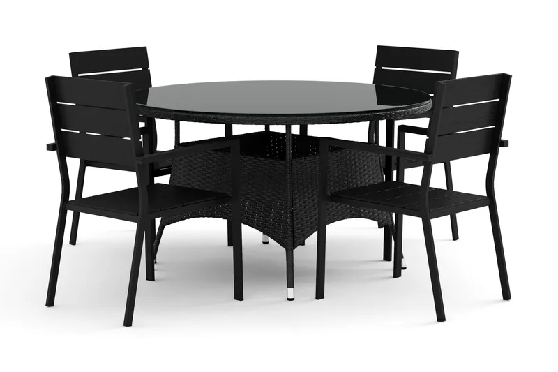 Thor utendørs rund spisegruppe 140 cm med 4 Tunis stablestoler, Svart