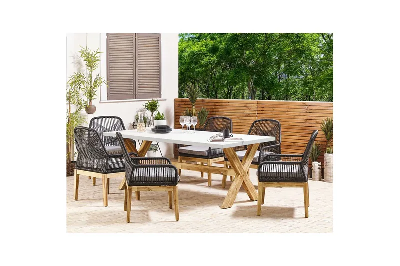 Trädgårdsmöbelset Beliani Olbia 6-sits Krämvit/svart/ljust trä Cream white||Black||Light wood - Hagemøbler & utemiljø - Hagegruppe - Spisegrupper hage