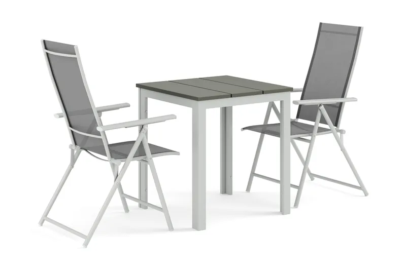 Tunis utendørs cafésett 70x70 cm med 2 Sanna regulerbare stoler, Hvit/grå