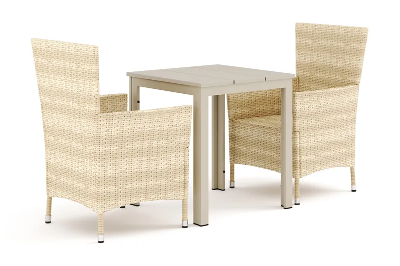 Tunis utendørs caféssett 70x70 cm med 2 Thor utendørs lenestoler, Beige/Beige