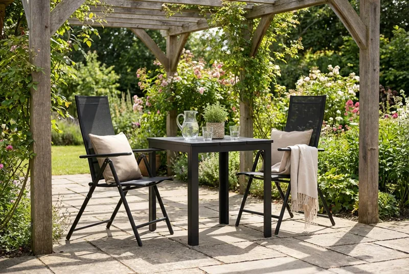 Tunis utendørs kafésett 70x70 cm med 2 Sanna posisjonsstoler - Svart/Svart - Hagemøbler & utemiljø - Hagegruppe - Cafemøbler & cafesett
