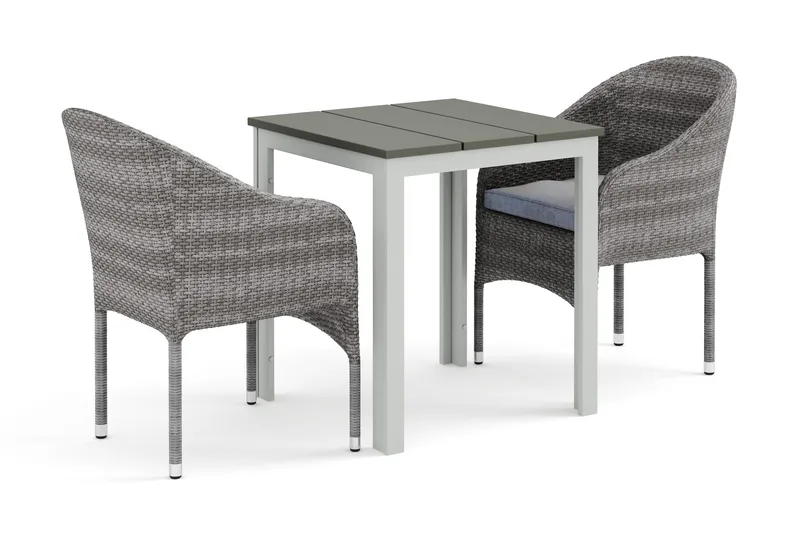 Tunis utendørs kafésett 70x70 cm med 2 Thor lenestoler, Hvit/Grå