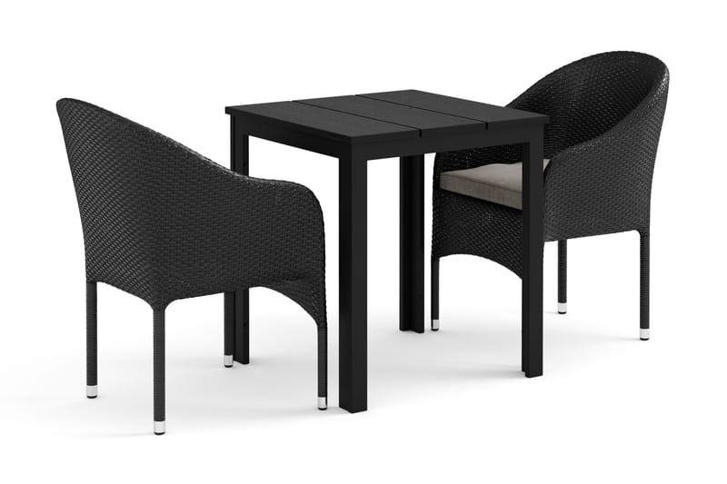 Tunis utendørs kafésett 70x70 cm med 2 Thor-lenestoler, Svart/Svart