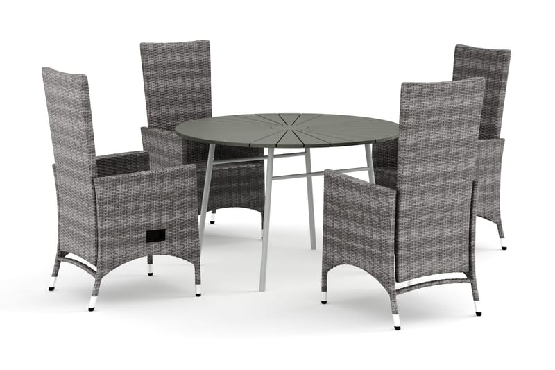 Tunis utendørs rund spisegruppe 120 cm med 4 Jenny spisestoler, Hvit/grå