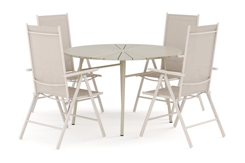 Tunis utendørs rund spisegruppe 120 cm med 4 Maggie regulerbare stoler, Beige/Beige